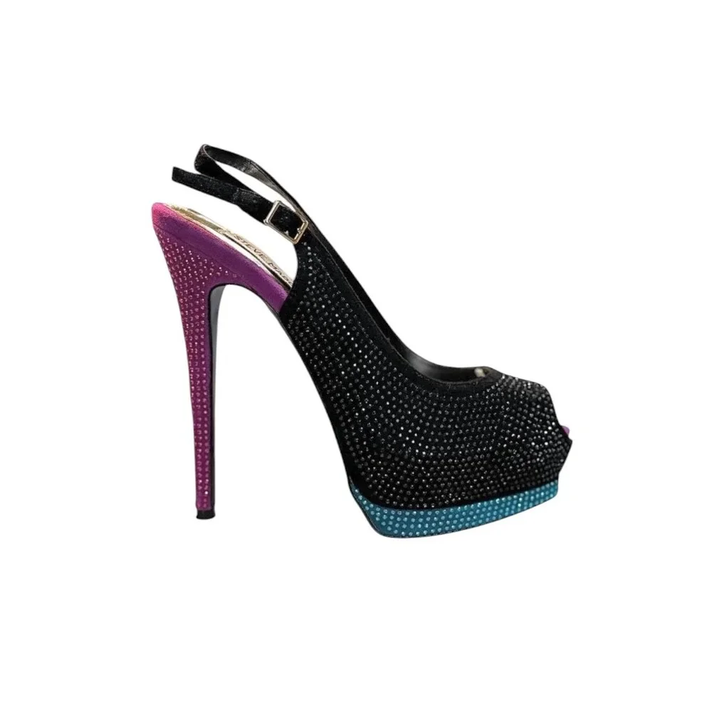 Steve Madden Masqraid Rhinestone Platform Peep Toe Slingback Heels Black 7.5M